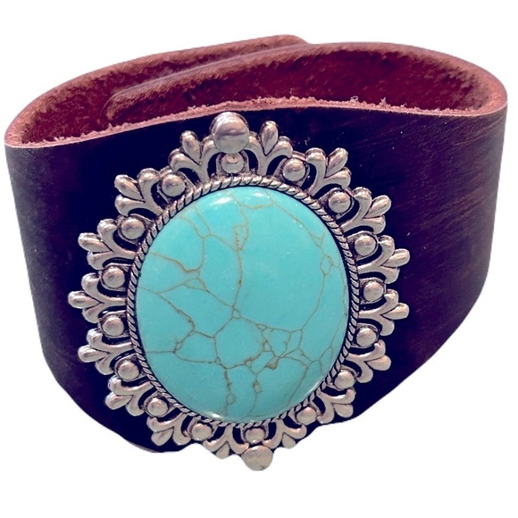 Faux Turquoise Leather Snap Strap Bracelet - Picture 1 of 10